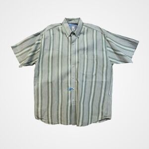 Basic Equipment Button Down Shirt Mens XL‎ Green Striped Excellent Short Sleeve